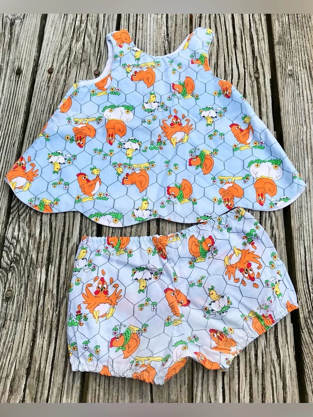 Vintage 80s Girls 2 Piece Matching Chicken Coop Outfit Swing Top Bloomers